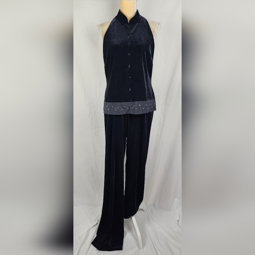 Papell Boutique Evening Velvet Beaded 2pc Black Classy Women's Outfit Set